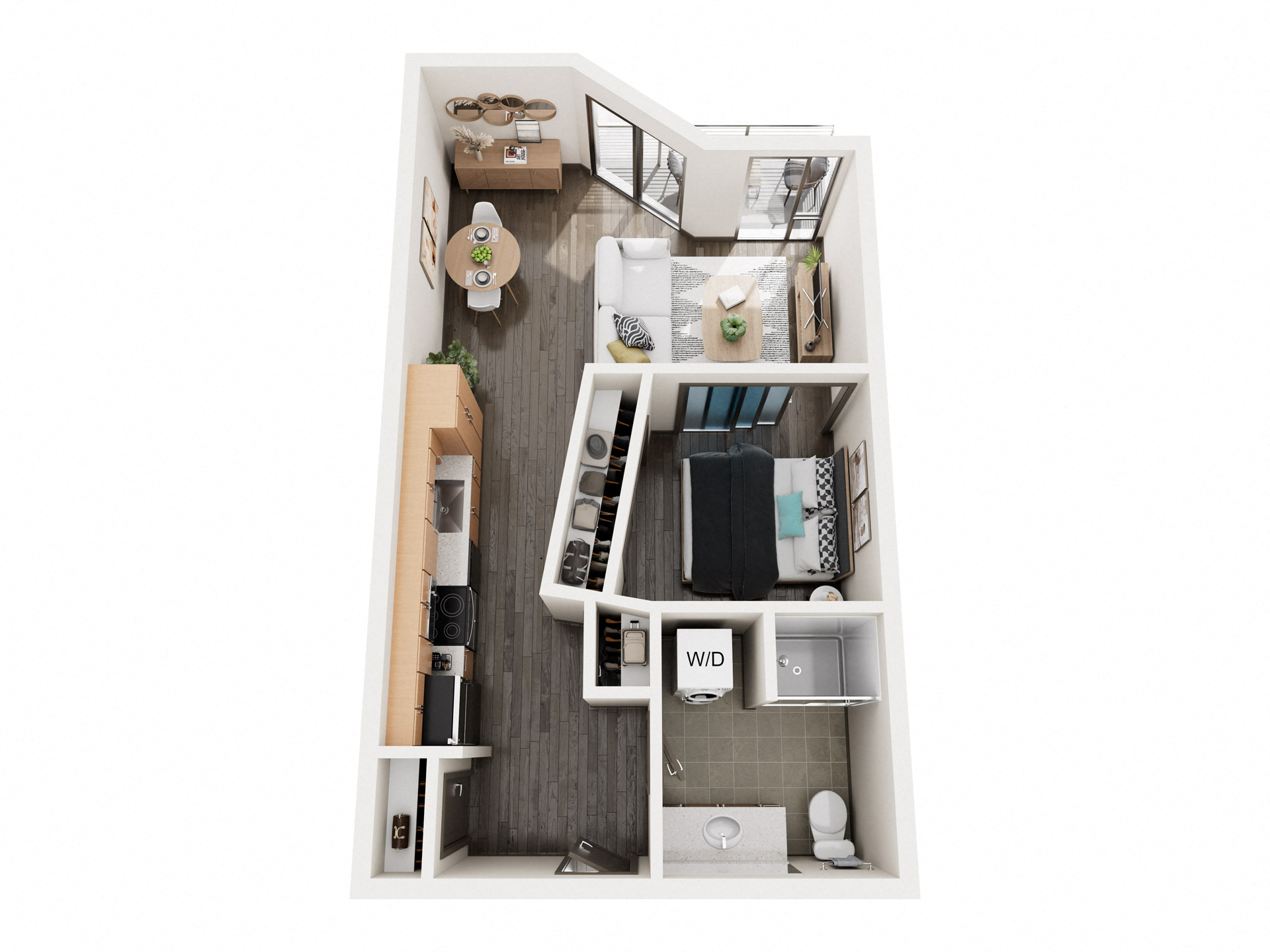 Floor plan for 1 bed, 1 bath, 577 sqft